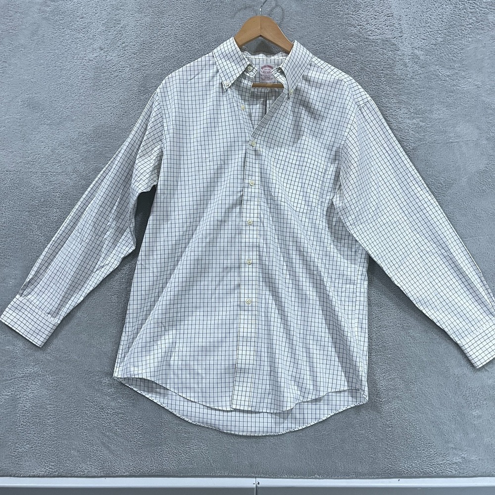 Brooks Brothers Dress Shirt Mens 15.5 White Check Regular Fit Non-Iron Formal